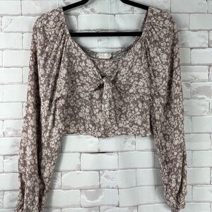 Altar’d State Boho Crop Top Floral Mauve Ivory Peplum Tie Front Whimsy Y2K | S